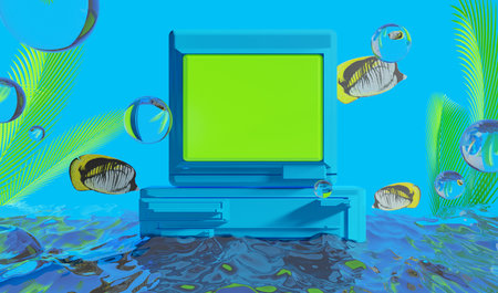 retro-future y2k 2000s frutiger aero aqua web 2.0 gloss with stage podium for product display showcase, 3d illustration rendering abstract background, technology and nature conceptの写真素材