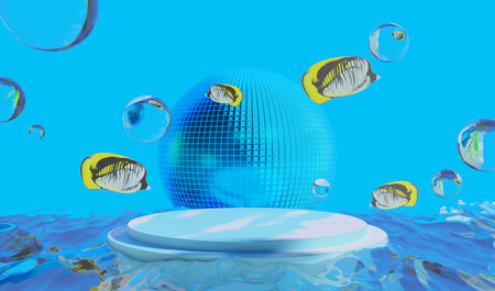 retro-future y2k 2000s frutiger aero aqua web 2.0 gloss with stage podium for product display showcase, 3d illustration rendering abstract background, technology and nature conceptの写真素材