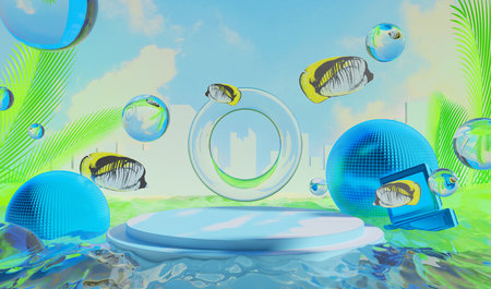 retro-future y2k 2000s frutiger aero aqua web 2.0 gloss with stage podium for product display showcase, 3d illustration rendering abstract background, technology and nature conceptの写真素材