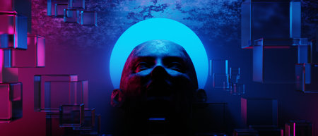 3d illustration rendering of y2k 2000s gamer technology futuristic fantasy metaverse cyberpunk sci-fi display podium abstract background neon-glowの写真素材