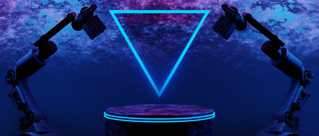 3d illustration rendering of y2k 2000s gamer technology futuristic fantasy metaverse cyberpunk sci-fi display podium abstract background neon-glowの写真素材