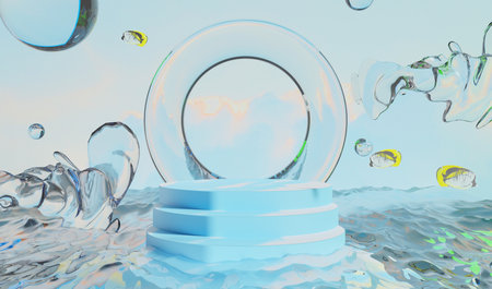 retro-future y2k 2000s frutiger aero aqua web 2.0 gloss with stage podium for product display showcase, 3d illustration rendering abstract background, technology and nature conceptの写真素材