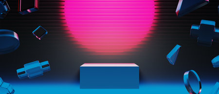3d illustration rendering of y2k 2000s gamer technology futuristic fantasy metaverse cyberpunk sci-fi display podium abstract background neon-glowの写真素材