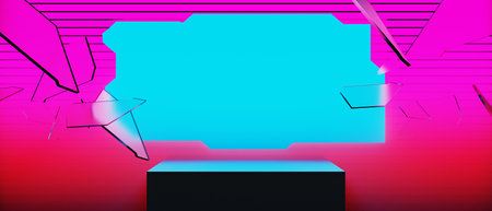 3d illustration rendering of y2k 2000s gamer technology futuristic fantasy metaverse cyberpunk sci-fi display podium abstract background neon-glowの写真素材