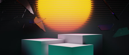 3d illustration rendering of y2k 2000s gamer technology futuristic fantasy metaverse cyberpunk sci-fi display podium abstract background neon-glowの写真素材