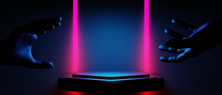 3d illustration rendering of y2k 2000s gamer technology futuristic fantasy metaverse cyberpunk sci-fi display podium abstract background neon-glowの写真素材