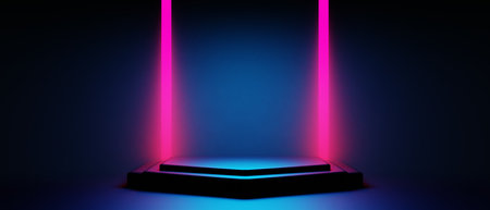 3d illustration rendering of y2k 2000s gamer technology futuristic fantasy metaverse cyberpunk sci-fi display podium abstract background neon-glowの写真素材