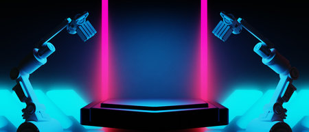 3d illustration rendering of y2k 2000s gamer technology futuristic fantasy metaverse cyberpunk sci-fi display podium abstract background neon-glowの写真素材