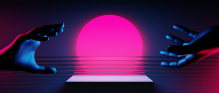 3d illustration rendering of y2k 2000s gamer technology futuristic fantasy metaverse cyberpunk sci-fi display podium abstract background neon-glowの写真素材