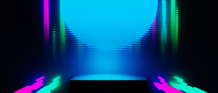 3d illustration rendering of y2k 2000s gamer technology futuristic fantasy metaverse cyberpunk sci-fi display podium abstract background neon-glowの写真素材