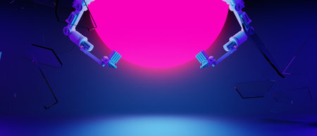 3d illustration rendering of y2k 2000s gamer technology futuristic fantasy metaverse cyberpunk sci-fi display podium abstract background neon-glowの写真素材