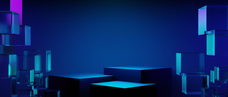 3d illustration rendering of y2k 2000s gamer technology futuristic fantasy metaverse cyberpunk sci-fi display podium abstract background neon-glowの写真素材