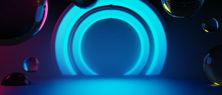 3d illustration rendering of y2k 2000s gamer technology futuristic fantasy metaverse cyberpunk sci-fi display podium abstract background neon-glowの写真素材