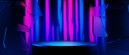 3d illustration rendering of y2k 2000s gamer technology futuristic fantasy metaverse cyberpunk sci-fi display podium abstract background neon-glowの写真素材
