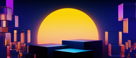 3d illustration rendering of y2k 2000s gamer technology futuristic fantasy metaverse cyberpunk sci-fi display podium abstract background neon-glowの写真素材