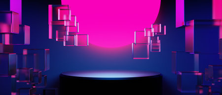 3d illustration rendering of y2k 2000s gamer technology futuristic fantasy metaverse cyberpunk sci-fi display podium abstract background neon-glowの写真素材