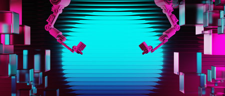 3d illustration rendering of y2k 2000s gamer technology futuristic fantasy metaverse cyberpunk sci-fi display podium abstract background neon-glowの写真素材