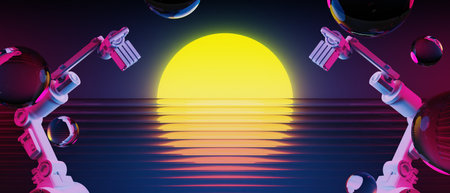 3d illustration rendering of y2k 2000s gamer technology futuristic fantasy metaverse cyberpunk sci-fi display podium abstract background neon-glowの写真素材