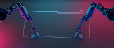 technology scifi robot industrial arm with frame border led banner sign for cyberpunk gaming product display showcase background, 3d illustration renderingの写真素材