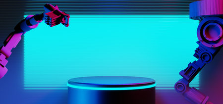 technology scifi robot industrial arm with frame border led banner sign for cyberpunk gaming product display showcase background, 3d illustration renderingの写真素材