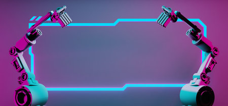 technology scifi robot industrial arm with frame border led banner sign for cyberpunk gaming product display showcase background, 3d illustration renderingの写真素材