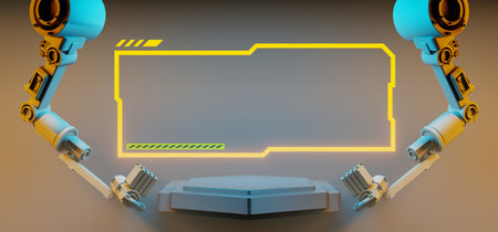 technology scifi robot industrial arm with frame border led banner sign for cyberpunk gaming product display showcase background, 3d illustration renderingの写真素材