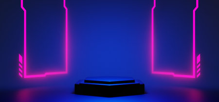 3d illustration rendering of y2k 2000s gamer technology futuristic fantasy metaverse cyberpunk sci-fi display podium abstract background neon-glowの写真素材