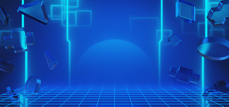 3d illustration rendering of y2k 2000s gamer technology futuristic fantasy metaverse cyberpunk sci-fi display podium abstract background neon-glowの写真素材