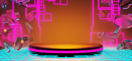 3d illustration rendering of y2k 2000s gamer technology futuristic fantasy metaverse cyberpunk sci-fi display podium abstract background neon-glowの写真素材