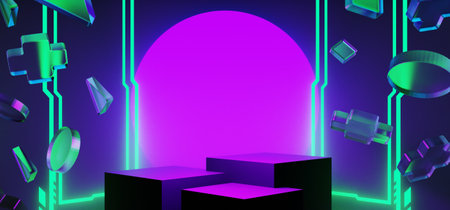 3d illustration rendering of y2k 2000s gamer technology futuristic fantasy metaverse cyberpunk sci-fi display podium abstract background neon-glowの写真素材