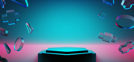 3d illustration rendering of y2k 2000s gamer technology futuristic fantasy metaverse cyberpunk sci-fi display podium abstract background neon-glowの写真素材