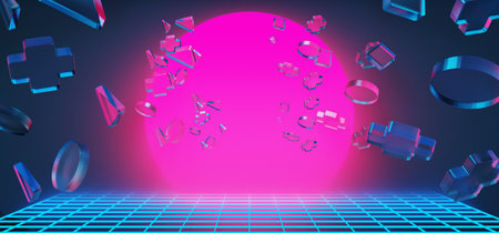 3d illustration rendering of y2k 2000s gamer technology futuristic fantasy metaverse cyberpunk sci-fi display podium abstract background neon-glowの写真素材