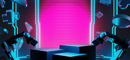 3d illustration rendering of y2k 2000s gamer technology futuristic fantasy metaverse cyberpunk sci-fi display podium abstract background neon-glowの写真素材