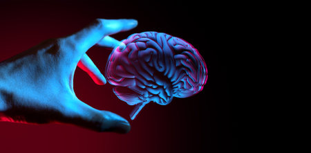 people hand touching a hologram ui of network neuron, businessman holding an brain icon in holographic systemの写真素材