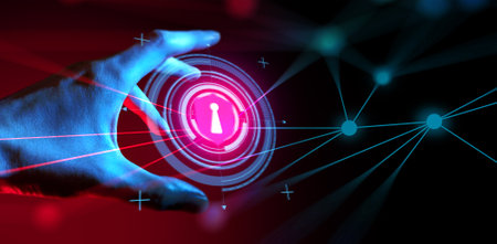 people hand touching a hologram ui of network security button, businessman holding an safety icon in...