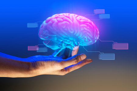 people or businessman hand touching a hologram of brain network technology computer online systemの写真素材