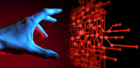 programer people or businessman hand touching interactive to hologram of network technology computer...