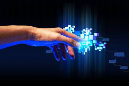 programer people or businessman hand touching interactive to hologram of network technology computer online system, business and finance applicationの写真素材