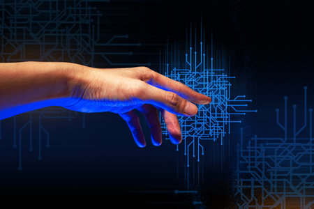 programer people or businessman hand touching interactive to hologram of network technology computer...