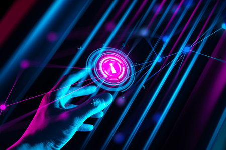 The hand of a businessman interactive touching a holographic image of a financial network,...