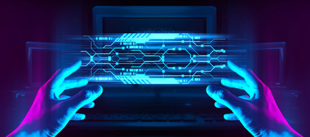 The hand of a businessman interactive touching a holographic of a financial network, symbolizing the...