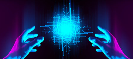 The hand of a businessman interactive touching a holographic of a financial network, symbolizing the...