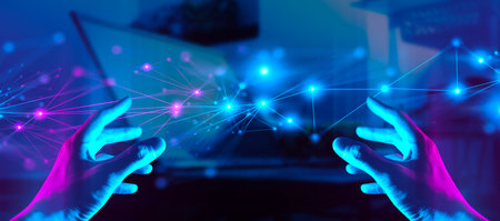 The hand of a businessman interactive touching a holographic of financial network, symbolizing the...