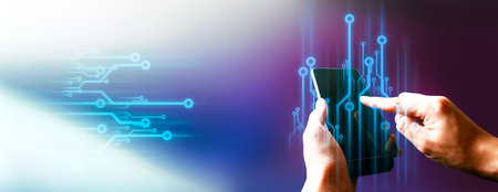 hand of businessman interactive touching a holographic of transaction financial network data system, concept of technology artificial intelligence with human userの写真素材