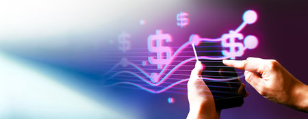 hand of businessman interactive touching a holographic of transaction financial network data system, concept of technology artificial intelligence with human userの写真素材