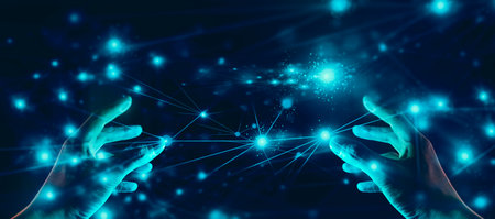hand of businessman interactive touching a holographic of transaction financial network data system, concept of technology artificial intelligence with human userの写真素材
