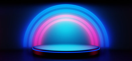 3d illustration rendering of y2k 2000s gamer technology futuristic fantasy metaverse cyberpunk sci-fi display podium abstract background neon-glowの写真素材