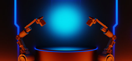 3d illustration rendering of y2k 2000s gamer technology futuristic fantasy metaverse cyberpunk sci-fi display podium abstract background neon-glowの写真素材