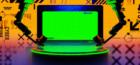 3d illustration rendering of y2k 2000s gamer technology futuristic fantasy metaverse cyberpunk sci-fi display podium abstract background neon-glowの写真素材