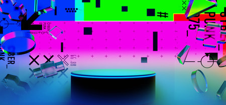 3d illustration rendering of y2k 2000s gamer technology futuristic fantasy metaverse cyberpunk sci-fi display podium abstract background neon-glowの写真素材